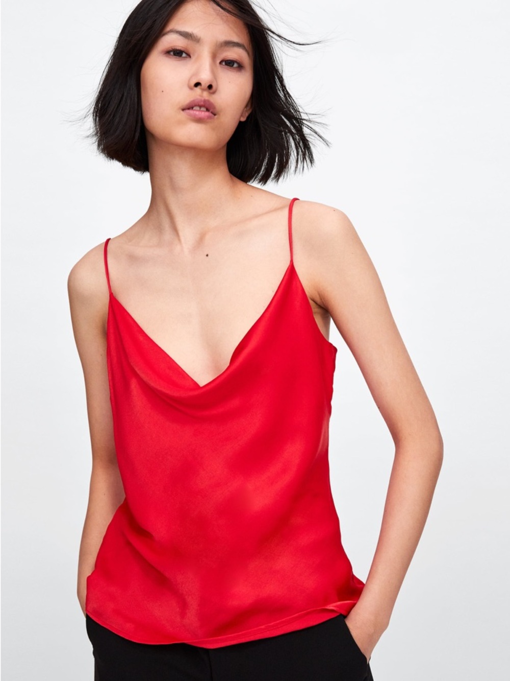 Zara Red Spaghetti Strap Cowl Neck Satin Camisole Top